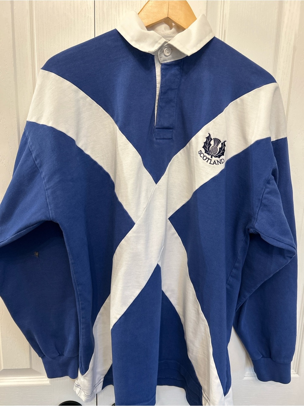 Vintage Scotland.com Saltire Rugby Shirt XL Blue White Heavyweight Cotton